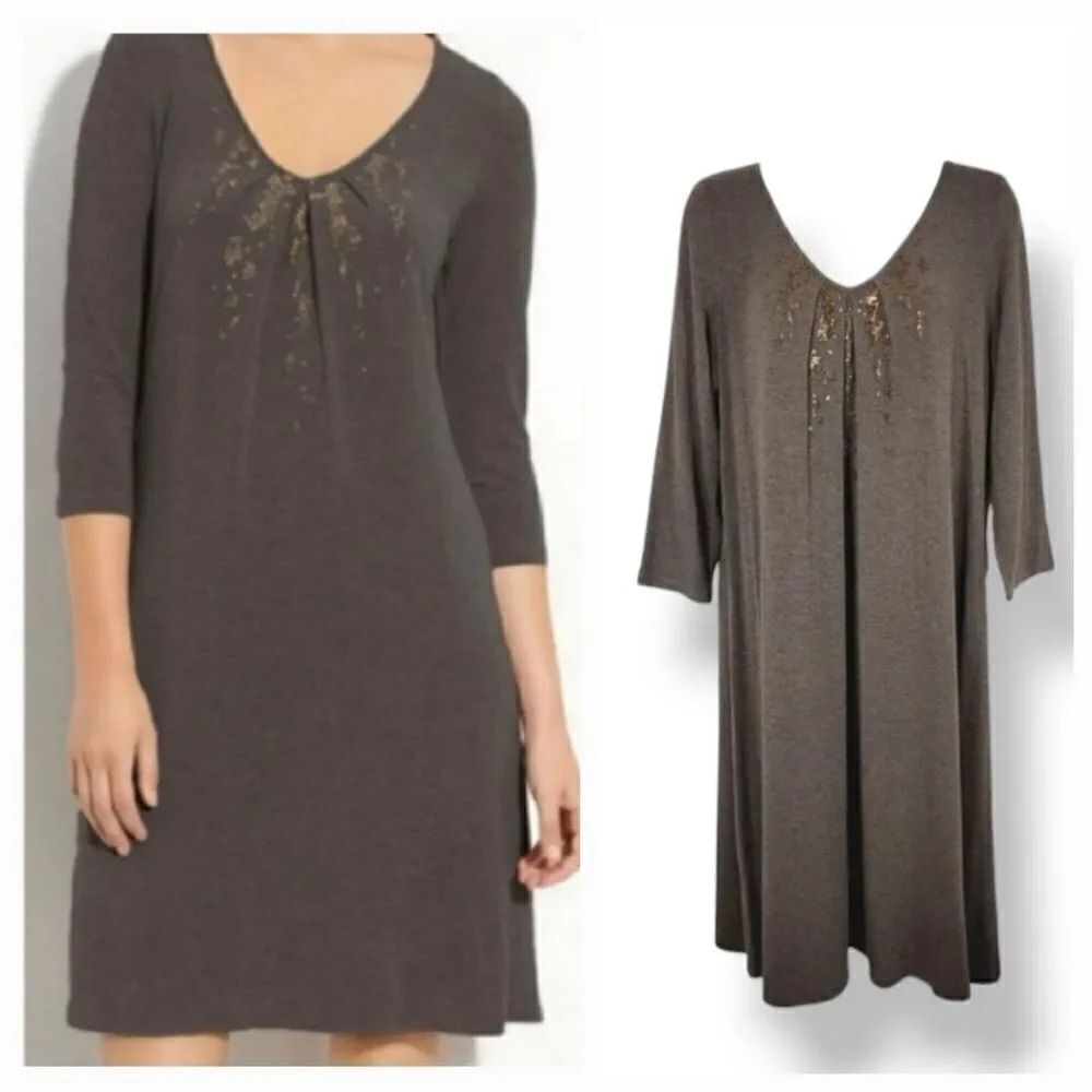 Eileen Fisher Sequin and Beaded Italian Yarn Dress in Cobblestone Brown Size S